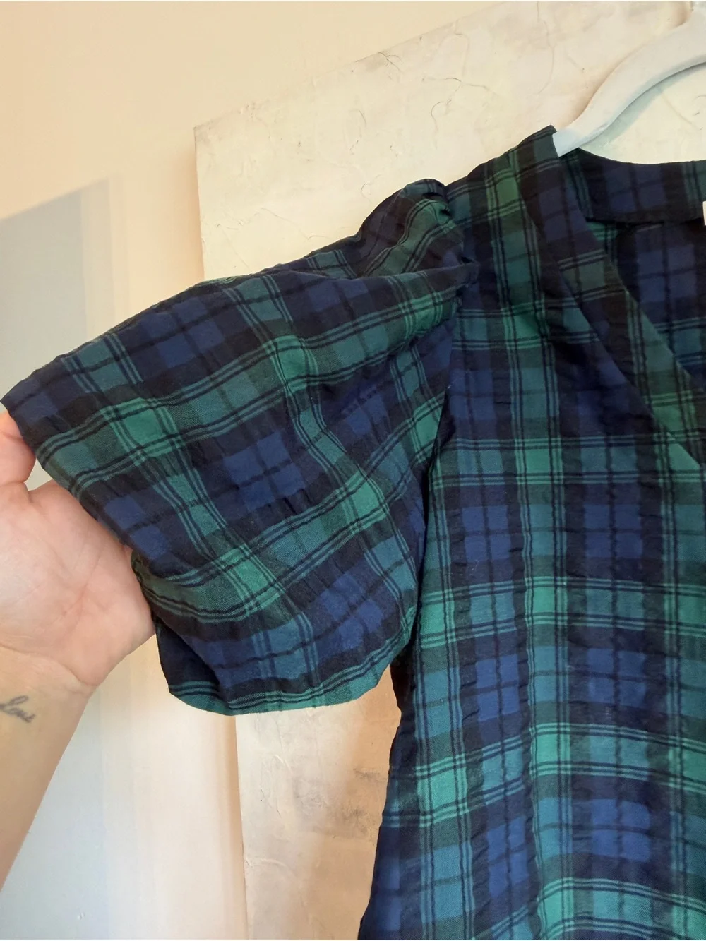LOFT Green Blue Plaid Puff Sleeve V-Neck Blouse Top Southern Preppy Medium